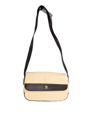 Etienne Aigner Woven Straw Brown Faux Leather Vintage Flap Shoulder Bag